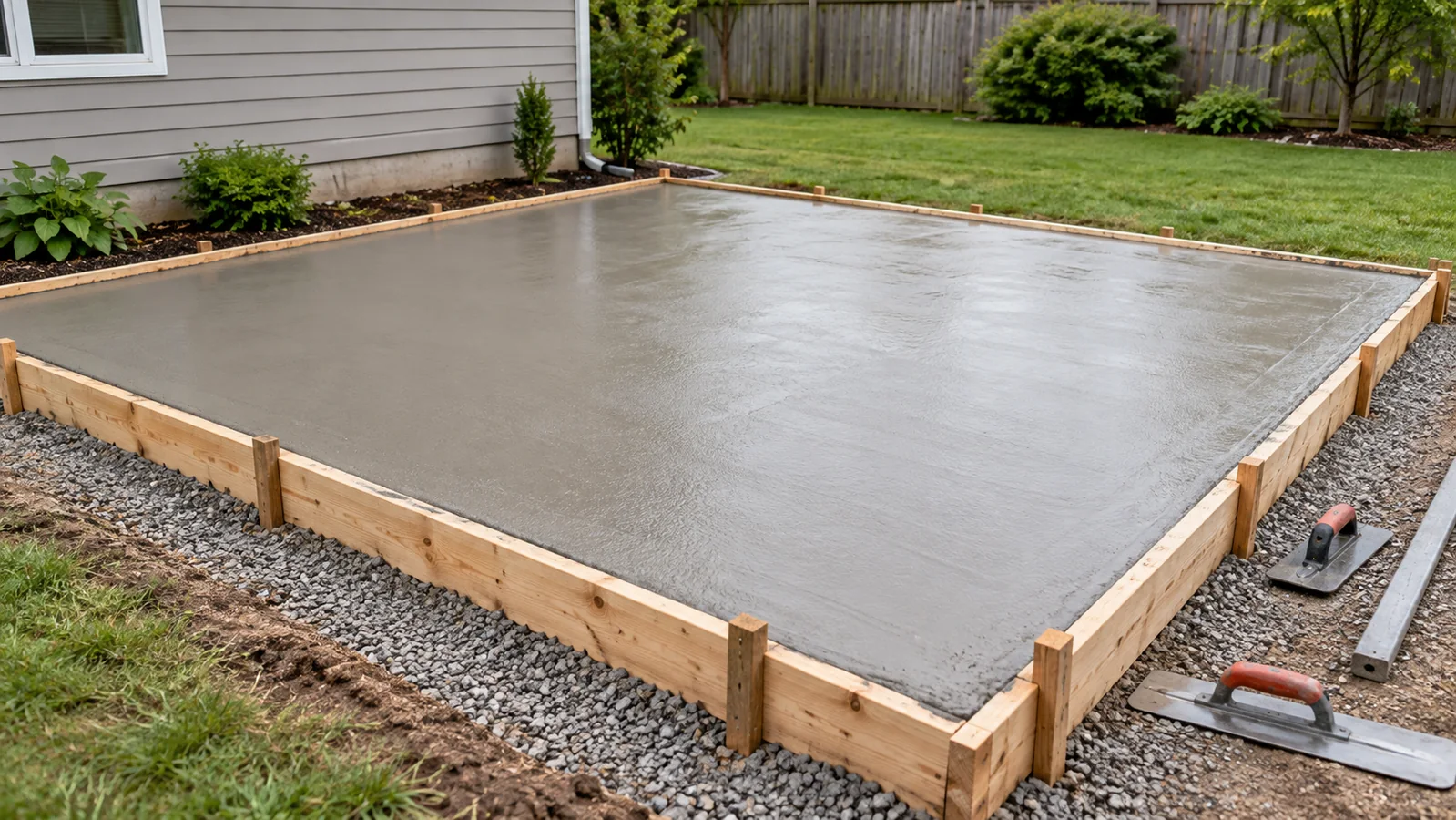 Fresh rectangular concrete patio slab inside straight wood forms