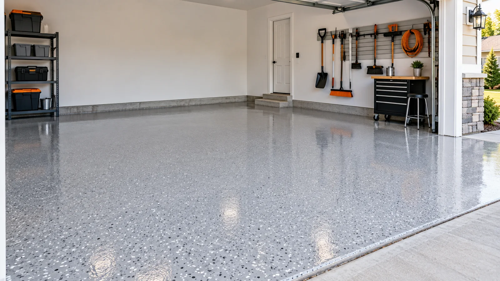 Finished light gray epoxy floor in a clean two-car residential garage