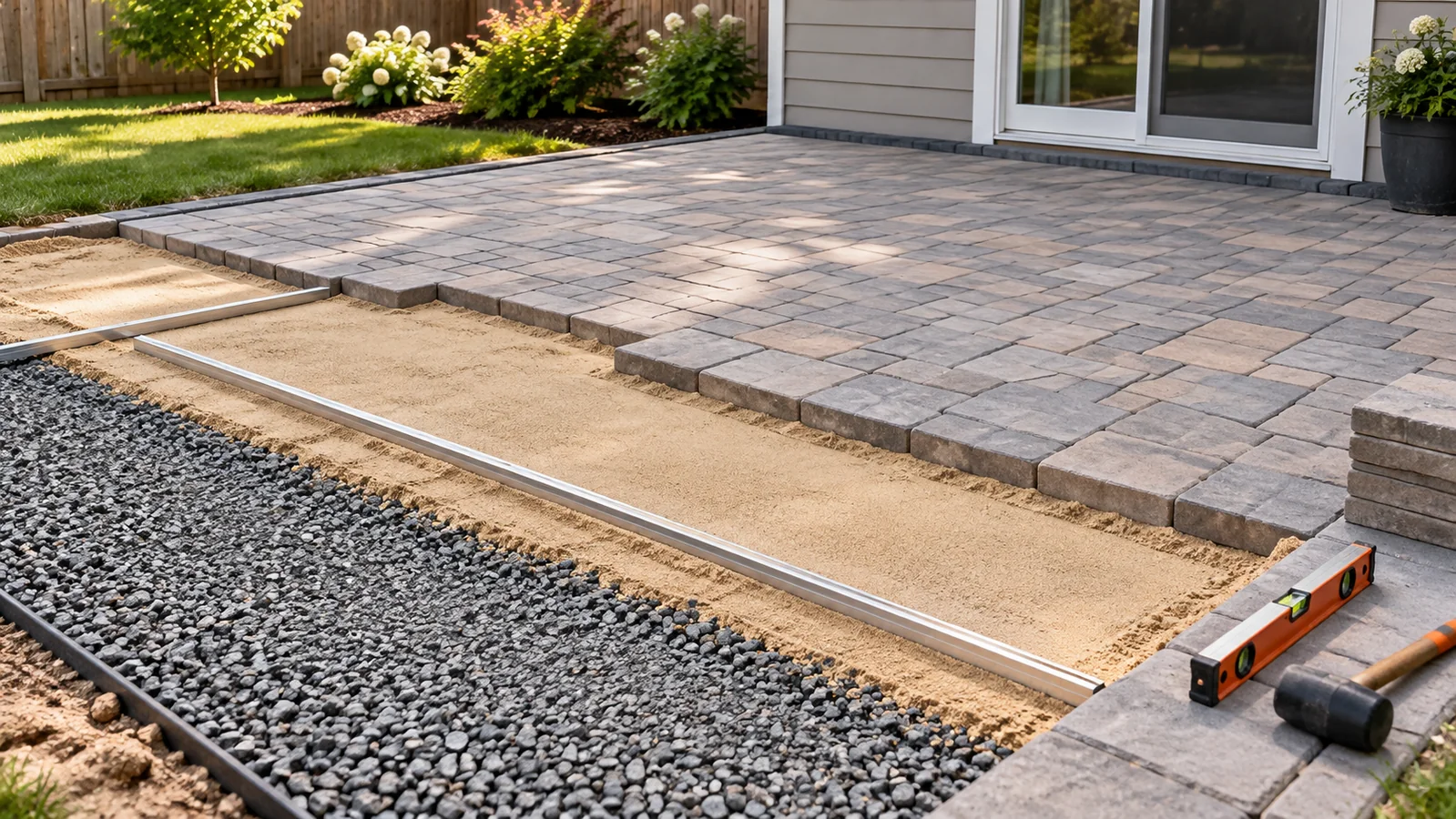Paver patio installation showing compacted gravel, bedding sand and installed pavers