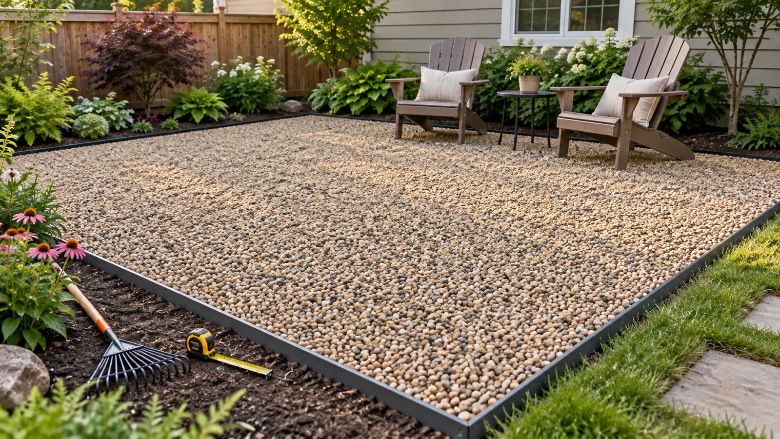 Finished pea gravel patio with metal edging in a suburban backyard